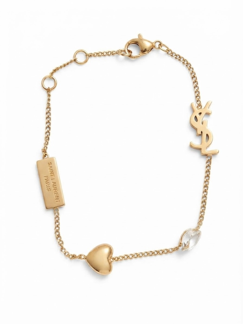 Gold Heart & Letter Charm Bracelet with Clear Crystal Accent